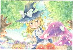 Rule 34 | 1girl, apron, black hat, black skirt, black vest, blonde hair, blue mushroom, bow, braid, collared shirt, dated, fly agaric, hat, hat bow, hat ribbon, highres, holding, holding magnifying glass, kirisame marisa, large hat, long hair, magnifying glass, mushroom, open mouth, outdoors, puffy short sleeves, puffy sleeves, purple mushroom, red mushroom, ribbon, shin1ar24, shirt, short sleeves, single braid, skirt, solo, touhou, traditional media, tree, vest, waist apron, watercolor pencil (medium), white apron, white bow, white ribbon, white shirt, witch hat, yellow eyes