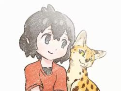 Rule 34 | 1girl, animated, black hair, cat, cheek-to-cheek, cheek press, closed eyes, heads together, kaban (kemono friends), kemono friends, looping animation, medium hair, red shirt, serval, serval (kemono friends), shirt, short sleeves, simple background, smile, taoi (taoi58829762), video, white background