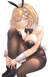 Rule 34 | 1girl, absurdres, animal ears, bare shoulders, black leotard, blonde hair, blue eyes, blush, bob cut, bow, bowtie, breasts, cleavage, detached collar, fake animal ears, fake tail, hair ornament, highres, holding, hololive, hololive english, honkivampy, large breasts, leotard, looking at viewer, mole, mole on breast, pantyhose, playboy bunny, rabbit ears, rabbit tail, shoes, short hair, smile, solo, strapless, strapless leotard, tail, virtual youtuber, watson amelia, white background, wrist cuffs