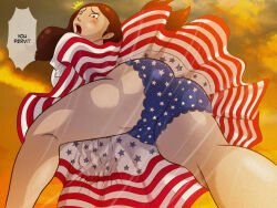 Rule 34 | 1girl, american flag dress, ass, black eyes, blue panties, blush, breasts, brown hair, cloud, dress, embarrassed, flag print, from below, giant, giantess, large breasts, long hair, looking at viewer, open mouth, orange sky, panties, print dress, print panties, sky, standing, star (symbol), star print, striped clothes, striped dress, surprised, tears, thefetishism, underwear, upskirt, white dress