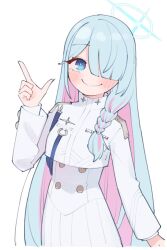 Rule 34 | 1girl, aqua hair, blue archive, blue eyes, blush, braid, buttons, cropped jacket, dress, general student council president (blue archive), hair over one eye, halo, highres, jacket, kamo (kamonabe 44), long hair, long sleeves, looking at viewer, multicolored hair, pink hair, side braid, simple background, smile, solo, very long hair, white background, white dress, white jacket
