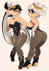 Rule 34 | + +, 2girls, :/, ass, back, bare shoulders, black footwear, black hair, black leotard, boots, breasts, brown legwear, callie (splatoon), cleavage, closed mouth, collar, collarbone, commentary, detached collar, earrings, english commentary, fishnets, from behind, full body, gloves, grey hair, hair ornament, hand on own hip, hands on own hips, hat, highres, inkling, jewelry, leotard, long hair, looking at viewer, looking back, marie (splatoon), medium breasts, mini hat, mole, mole under eye, multicolored footwear, multiple girls, nintendo, open mouth, pointy ears, short eyebrows, short hair, sideboob, simple background, skindentation, splatoon (series), splatoon 1, standing, strapless, strapless leotard, swept bangs, symbol-shaped pupils, tentacle hair, thick eyebrows, turning head, very long hair, white background, white collar, white gloves, wide hips, yellow eyes, yellow footwear, yuta agc