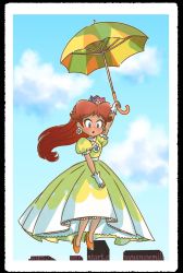 Rule 34 | 1girl, artist name, blue eyes, blush, building, crown, day, dress, earrings, floating, flower earrings, full body, gloves, high heels, holding, holding umbrella, jewelry, long hair, long sleeves, mario (series), mario party, mario party 3, nintendo, open mouth, orange dress, princess daisy, puffy long sleeves, puffy sleeves, red hair, retro artstyle, sky, super mario land, tomboy, umbrella
