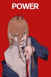 Rule 34 | 1girl, absurdres, aoi (altea0923), black necktie, blue jacket, brown eyes, brown hair, chainsaw man, character name, collared shirt, commentary request, cross-shaped pupils, demon horns, hair between eyes, hand up, highres, horns, jacket, jacket partially removed, long bangs, long hair, long sleeves, looking at viewer, looking up, necktie, off shoulder, open mouth, power (chainsaw man), red background, red horns, sharp teeth, shirt, simple background, solo, standing, symbol-shaped pupils, teeth, white shirt