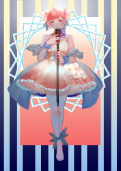 Rule 34 | 1girl, absurdres, alternate costume, bare shoulders, blue background, blue ribbon, blue scrunchie, breasts, closed mouth, commentary, danganronpa (series), danganronpa 2: goodbye despair, double bun, dress, dress flower, flower, frilled dress, frills, full body, hair bun, hair flower, hair ornament, hands up, highres, holding, holding microphone, looking at viewer, microphone, microphone stand, nanami chiaki, pantyhose, pink hair, ribbon, scrunchie, shoes, short hair, solo, standing, striped, striped background, tuteurfars shin, white background, white flower, white footwear, white pantyhose, wrist scrunchie