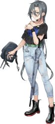 Rule 34 | 1girl, amagiri (kancolle), bad id, bad twitter id, casual, damaged, denim, drew (drew213g), full body, glasses, grey eyes, grey hair, hair between eyes, jeans, kantai collection, long hair, looking at viewer, official art, pants, ponytail, shirt, smile, solo, t-shirt, torn clothes, transparent background, umbrella, very long hair