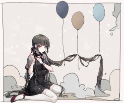 1girl adjusting_hair alternate_costume alternate_hair_ornament balloon black_dress black_hair blunt_bangs blush border breasts brown_hair closed_mouth commentary_request danganronpa_(series) danganronpa_v3:_killing_harmony dress earrings floating_hair goto_(sep) hair_ornament hands_up harukawa_maki high_heels jewelry long_hair looking_at_viewer medium_breasts pout red_eyes red_footwear ribbon shoes short_sleeves sitting solo thighhighs very_long_hair wariza white_border white_thighhighs zettai_ryouiki