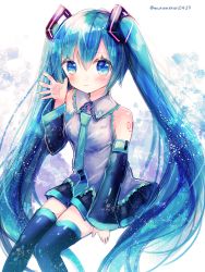 Rule 34 | 1girl, bare shoulders, black skirt, black sleeves, black thighhighs, blue eyes, blue hair, blush, breasts, closed mouth, collared shirt, commentary request, detached sleeves, grey shirt, hair between eyes, hair ornament, hand up, hatsune miku, kohaku muro, long hair, long sleeves, pleated skirt, shirt, sitting, skirt, small breasts, smile, solo, thighhighs, twintails, twitter username, very long hair, vocaloid, wide sleeves