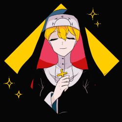 Rule 34 | 1girl, black background, blonde hair, cross, cross necklace, double (skullgirls), closed eyes, habit, highres, jewelry, necklace, nun, skullgirls, smile, solo, sparkle, upper body, wu longcha, yellow background