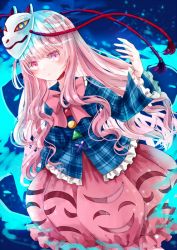 Rule 34 | 1girl, aura, blue background, blue shirt, blush, bow, bowtie, bubble skirt, buttons, circle, closed mouth, dutch angle, expressionless, fox mask, frilled skirt, frilled sleeves, frills, hata no kokoro, jaku sono, long hair, long sleeves, looking at viewer, mask, mask on head, multicolored buttons, pink bow, pink bowtie, pink eyes, pink hair, pink skirt, plaid, plaid shirt, shirt, skirt, solo, star (symbol), tassel, touhou, triangle, wavy hair, x