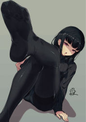Rule 34 | 1girl, 40hara, arm support, black hair, black sweater, breasts, feet, foot focus, gesugao, green background, gusset, head tilt, highres, leg up, long hair, looking at viewer, open mouth, original, panties, panties under pantyhose, pantyhose, red eyes, scan, scowl, shaded face, sidelocks, signature, simple background, sitting, soles, solo, sweater, thighband pantyhose, toes, turtleneck, turtleneck sweater, underwear, white panties