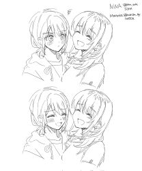Rule 34 | 2girls, blush, closed eyes, closed mouth, collaboration, commentary request, girls band cry, habsida (habsida hpy), highres, hood, hoodie, iseri nina, kawaragi momoka, korean commentary, long hair, looking at another, multiple girls, open mouth, shirt, short twintails, smile, soha blan, twintails, upper body