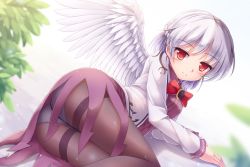 Rule 34 | 1girl, arm support, ass, black pantyhose, blurry, bow, bowtie, braid, closed mouth, crotch seam, depth of field, dress, feathered wings, french braid, from behind, highres, jacket, kishin sagume, leaf, long sleeves, looking at viewer, looking back, lying, lzh, on side, open clothes, open jacket, panties, panties under pantyhose, pantyhose, purple dress, red bow, red bowtie, red eyes, short dress, short hair, silver hair, single wing, smile, solo, thighband pantyhose, thighs, touhou, underwear, upskirt, white jacket, white wings, wings