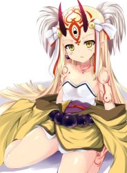 Rule 34 | 1girl, bare shoulders, blonde hair, earrings, fate/grand order, fate (series), horns, ibaraki douji (fate), japanese clothes, jewelry, kimono, long hair, looking at viewer, oni, pointy ears, sen (astronomy), sitting, solo, tattoo, yellow eyes