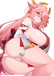 Rule 34 | 1girl, 5danny1206, animal ears, bare shoulders, blush, breasts, closed mouth, detached sleeves, fox ears, genshin impact, hair ornament, highres, huge breasts, japanese clothes, long sleeves, looking at viewer, lying, miko, on side, panties, partially visible vulva, pink hair, plump, purple eyes, sideboob, simple background, smile, solo, thighs, underwear, white background, white panties, yae miko