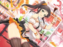 Rule 34 | 1girl, apron, breasts, brown hair, chocolate, detached sleeves, food, green eyes, highres, kitchen, large breasts, looking at viewer, macaron, maid, maid apron, murakumo (senran kagura), navel, official art, senran kagura, senran kagura new link, side ponytail, skirt, striped clothes, striped thighhighs, thighhighs, valentine, vertical-striped clothes, vertical-striped thighhighs, whisk