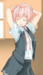 Rule 34 | 10s, 1girl, adjusting hair, arms up, buttons, closed eyes, collared shirt, dress shirt, facing viewer, gloves, gradient background, grey skirt, grey vest, hair ornament, kantai collection, mouth hold, pink hair, pleated skirt, pocket, poco (backboa), ponytail, red ribbon, ribbon, shiranui (kancolle), shirt, short hair, short sleeves, skirt, solo, tying hair, untied, unworn hair ornament, vest, white shirt