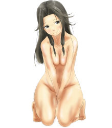 Rule 34 | 1girl, barefoot, black eyes, black hair, blush, breasts, feet, highres, jintsuu (kancolle), kantai collection, long hair, no bra, nude, simple background, small breasts, smile, solo, tama (tamago), twintails, underwear, undressing, white background