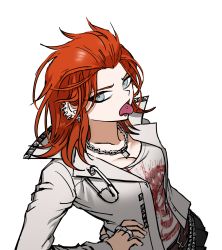 Rule 34 | 1girl, belt, breasts, chain, chain necklace, cleavage, collarbone, danganronpa: trigger happy havoc, danganronpa (series), dutch angle, ear piercing, earrings, genderswap, genderswap (mtf), hand on own hip, highres, jacket, jewelry, kuwata leon, large breasts, necklace, no (xpxz7347), open clothes, open jacket, open mouth, piercing, print shirt, red hair, ring, shirt, simple background, solo, teeth, tongue, tongue out, tongue piercing, upper body, white background, white jacket