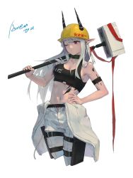 Rule 34 | 1girl, arknights, aweii, bare arms, bare shoulders, black choker, breasts, choker, commentary, cropped legs, hammer, hand on own hip, highres, holding, holding hammer, holding weapon, horns, horns through headwear, infection monitor (arknights), material growth, medium breasts, midriff, mudrock (arknights), mudrock (elite ii) (arknights), navel, one eye closed, oripathy lesion (arknights), over shoulder, pants, pointy ears, signature, solo, sports bra, standing, stomach, weapon, weapon over shoulder, white pants