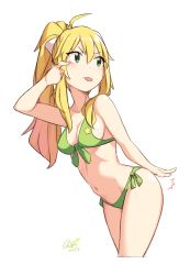 Rule 34 | &gt;:p, 1girl, :p, ^^^, absurdres, ahoge, akanbe, arm up, artist name, ass smack, bad id, bad twitter id, bikini, blonde hair, breasts, cloba, cowboy shot, cropped legs, dated, eyelid pull, front-tie bikini top, front-tie top, green bikini, green eyes, hair between eyes, high ponytail, highres, hoshii miki, idolmaster, idolmaster (classic), inactive account, leaning forward, long hair, medium breasts, navel, ponytail, sidelocks, simple background, solo, spanked, spanking, swimsuit, tongue, tongue out, v-shaped eyebrows, white background