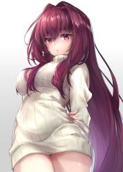 Rule 34 | 1girl, :o, arm behind back, blush, breasts, closed mouth, commentary request, fate/grand order, fate (series), fingernails, gradient background, grey background, hair between eyes, hair intakes, hane yuki, highres, large breasts, long hair, looking at viewer, purple hair, red eyes, ribbed sweater, scathach (fate), sidelocks, solo, sweater, turtleneck, turtleneck sweater, very long hair, white background, white sweater