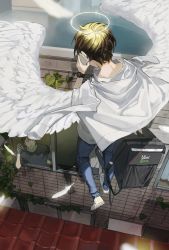 Rule 34 | 2boys, absurdres, angel wings, blonde hair, blue pants, cellphone, facing away, feathered wings, flying, from above, from behind, halo, hataya, highres, holding, holding phone, jacket, jacket on shoulders, male focus, multiple boys, original, outdoors, pants, parted lips, phone, revision, shirt, short hair, smartphone, spread wings, uber eats, watch, white shirt, white wings, wings, wristwatch