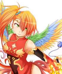 Rule 34 | 1girl, breasts, china dress, chinese clothes, cleavage, cleavage cutout, clothing cutout, dress, earrings, elbow gloves, gloves, green eyes, highres, jewelry, leilan (p&amp;d), leiran (p&amp;d), medium breasts, multicolored wings, puzzle &amp; dragons, red hair, side ponytail, smile, solo, sword, tottsuman, weapon, wings