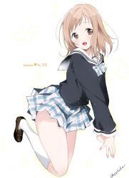 Rule 34 | 1girl, :d, blush, highres, idolmaster, idolmaster shiny colors, kneehighs, light brown hair, loafers, looking at viewer, medium hair, minase shuu, open mouth, own hands together, plaid, plaid skirt, pleated skirt, sakuragi mano, school uniform, shoes, simple background, skirt, smile, socks, solo, white background, white socks