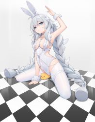 Rule 34 | + +, 1girl, absurdres, ahoge, animal ears, azur lane, blue eyes, bow, braid, breasts, choker, collarbone, commentary, covered navel, expressionless, fake animal ears, grey background, hair bow, highres, kafeifeifeifeifeifei jiemo jun, le malin (azur lane), le malin (listless lapin) (azur lane), leotard, long hair, looking at viewer, low twin braids, manjuu (azur lane), medium breasts, o-ring, o-ring choker, official alternate costume, pantyhose, playboy bunny, rabbit ears, sidelocks, silver hair, sitting, solo, spread legs, straddling, symbol-only commentary, thigh strap, tile floor, tiles, twin braids, very long hair, white bow, white leotard, white pantyhose, wrist cuffs