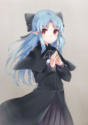 Rule 34 | 00s, 1girl, bad id, bad pixiv id, black dress, blue hair, bow, cape, capelet, dress, fingers together, hair bow, half updo, highres, len (tsukihime), long hair, melty blood, own hands together, pointy ears, red eyes, ribbon, shume, sidelocks, simple background, solo, steepled fingers, tsukihime