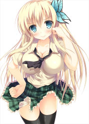 Rule 34 | 10s, 1girl, black thighhighs, blonde hair, blue eyes, blush, boku wa tomodachi ga sukunai, breasts, bug, butterfly, butterfly hair ornament, cleavage, hair ornament, hand in own hair, hand on own hip, highres, hip focus, insect, kashiwazaki sena, large breasts, long hair, looking at viewer, nozomi tsubame, plaid, plaid skirt, school uniform, simple background, skirt, smile, solo, thighhighs, zettai ryouiki