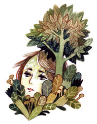 Rule 34 | 1other, ambiguous gender, brown hair, commentary, english commentary, forest, heikala, highres, leaf, light smile, mushroom, nature, original, painting (medium), parted lips, simple background, swept bangs, traditional media, tree, watercolor (medium), white background