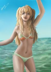 Rule 34 | 10s, 1girl, 2014, ahoge, ak8722433, arm up, artist name, bikini, blonde hair, blue eyes, blue sky, breasts, collarbone, contrapposto, cowboy shot, dated, day, eyelashes, highres, lips, long hair, looking at viewer, messy hair, navel, nose, ocean, open mouth, original, outdoors, realistic, side-tie bikini bottom, signature, sky, small breasts, smile, solo, standing, swimsuit, twintails, water, waving