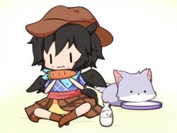 Rule 34 | 1girl, animal, animal ears, bare shoulders, black eyes, black hair, blue dress, blue neckwear, blue scarf, boots, bottle, brown dress, brown footwear, brown headwear, carrot, chibi, closed mouth, colored skin, cowboy hat, dress, eating, food, gomashio (goma feet), grey skin, hair between eyes, hands up, hat, horse ears, horse tail, kurokoma saki, looking to the side, lowres, lying, milk, multicolored clothes, multicolored dress, off shoulder, pink dress, plaid, plaid dress, plait, puffy short sleeves, puffy sleeves, scarf, short hair, short sleeves, sitting, spirit, tail, touhou, vegetable, white background, white skin, wings, wolf, wolf ears, wolf spirit (touhou), wolf tail, yellow background, yellow dress