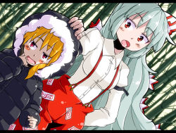 Rule 34 | 2girls, aono3, bamboo, bamboo forest, blonde hair, blush, blush stickers, bow, dutch angle, female focus, flandre scarlet, forest, fujiwara no mokou, hair bow, hand on another&#039;s head, letterboxed, long hair, multiple girls, nature, parka, red eyes, silver hair, suspenders, touhou