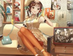 Rule 34 | 1girl, absurdres, antique phone, ban (one ban7241), belt, black choker, bow, braid, breasts, brown eyes, brown hair, buttons, choker, clock, couch, dress, feet out of frame, frilled dress, frills, gloves, green bow, hair ornament, hair ribbon, hairclip, happy, hat, hat bow, highres, holding, holding phone, indoors, knees up, looking to the side, medium breasts, open mouth, orange pantyhose, original, pantyhose, phone, poster (object), red ribbon, ribbon, rotary phone, shelf, short sleeves, sitting, solo, television, twin braids, white belt, yellow gloves