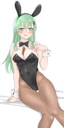 Rule 34 | 1girl, absurdres, animal ears, bare shoulders, between breasts, black bow, black bowtie, black leotard, bow, bowtie, breasts, brown pantyhose, chocolate, chocolate on body, cleavage, commentary request, detached collar, food on body, green eyes, green hair, hair ornament, hairclip, highres, kantai collection, large breasts, leotard, licking lips, long hair, maonatten, pantyhose, playboy bunny, rabbit ears, simple background, sitting, smile, solo, strapless, strapless leotard, suzuya (kancolle), thigh gap, tongue, tongue out, white background, wrist cuffs