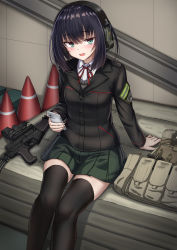 Rule 34 | 1girl, :d, arm support, as val, assault rifle, automatic rifle, black hair, black jacket, black thighhighs, blush, breasts, cellphone, collared shirt, commentary request, dress shirt, ear piercing, feet out of frame, green eyes, green skirt, gun, hair between eyes, highres, holding, holding phone, integrally-suppressed firearm, jacket, kalashnikov rifle, long sleeves, neck ribbon, open mouth, original, phone, piercing, pleated skirt, red ribbon, ribbon, rifle, school uniform, shirt, short hair, sitting, skirt, small breasts, smile, solo, thighhighs, toz (tulsky oruzheiny zavod), traffic cone, tsniitochmash, tula arms plant, weapon, white shirt, yakob labo