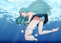 Rule 34 | 1girl, air bubble, bad id, bad pixiv id, barefoot, blue hair, breath, bubble, feet, foot focus, freediving, green eyes, holding breath, long hair, open mouth, original, panties, school uniform, soles, solo, swimming, toes, underwater, underwear, water, yamauchi (conan-comy)