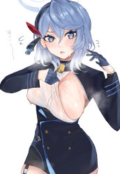 Rule 34 | 1girl, ako (blue archive), bell, blue archive, blue eyes, blue hair, blue hairband, blush, breasts, buttons, collar, commentary, cowbell, dddddvkoko, earrings, eyelashes, fanning self, flying sweatdrops, gloves, hair between eyes, hair ornament, hairband, half gloves, halo, highres, hot, jewelry, large breasts, long bangs, long sleeves, looking at viewer, neck bell, parted lips, sideboob, simple background, skirt, steam, steaming body, stud earrings, sweat, sweaty clothes, uniform, white background