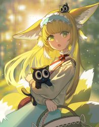 Rule 34 | 1girl, animal, animal ear fluff, animal ears, animal hug, arknights, azhi1997, basket, black cat, blonde hair, blue hairband, blue skirt, blurry, blurry background, cat, commentary request, crossover, depth of field, fox ears, fox girl, fox tail, frilled hairband, frills, from side, green eyes, hairband, heixiu, highres, holding, holding basket, jacket, kitsune, looking at viewer, looking to the side, luo xiaohei, multicolored hair, neck ribbon, open mouth, red ribbon, ribbon, shirt, skirt, suzuran (arknights), suzuran (spring praise) (arknights), tail, luo xiaohei zhanji, two-tone hair, white hair, white jacket, white shirt