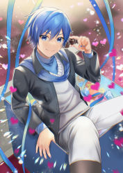 Rule 34 | 1boy, blue eyes, blue hair, candy, chocolate, chocolate heart, food, heart, highres, holding, holding chocolate, holding food, jacket, kaito (vocaloid), kikuchi mataha, long sleeves, looking at viewer, male focus, ribbon, scarf, smile, solo, vocaloid