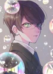 Rule 34 | 1boy, black jacket, blue necktie, brown hair, bubble, collared shirt, from side, fujikawa ua, glasses, green eyes, grey background, highres, jacket, lapels, light particles, looking at viewer, looking to the side, male focus, necktie, notched lapels, parted lips, shirt, short hair, soap bubbles, solo, swept bangs, tennis no ouji-sama, upper body, white shirt, yagyuu hiroshi