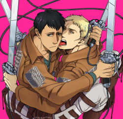 Rule 34 | 2boys, bertolt hoover, blonde hair, brown hair, dark-skinned male, dark skin, from above, holding, holding sword, holding weapon, jacket, leather, leather jacket, licking, licking another&#039;s cheek, licking another&#039;s face, male focus, multiple boys, nene (10575936), pants, reiner braun, shingeki no kyojin, short hair, sword, three-dimensional maneuver gear, tongue, tongue out, weapon, white pants, wire, yaoi