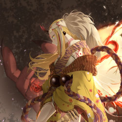 Rule 34 | 1girl, bare shoulders, blonde hair, commentary request, earrings, facial mark, fate/grand order, fate (series), fiery wings, fingernails, fire, floral print, highres, holding, holding weapon, horns, ibaraki douji (fate), japanese clothes, jewelry, leaf, leaf background, long hair, looking at viewer, off shoulder, oni, oni horns, parted lips, pointy ears, profile, rerubixi, rope, sharp fingernails, slit pupils, solo, tiger stripes, weapon, yellow eyes