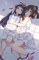 Rule 34 | 2girls, absurdres, arm up, bare arms, bare shoulders, barefoot, black hair, blue eyes, blush, breasts, brown eyes, brown hair, collarbone, commentary request, dress, feet out of frame, flower, gyorui (katsuwo drawing), hair between eyes, hair ribbon, highres, idolmaster, idolmaster million live!, idolmaster million live! theater days, kasuga mirai, long hair, looking at viewer, lying, mogami shizuka, multiple girls, on back, on side, one side up, parted lips, petals, pure onepiece (idolmaster), ribbon, ribbon-trimmed dress, rose, shade, sleeveless, sleeveless dress, small breasts, soles, very long hair, white dress, white ribbon, yellow flower, yellow rose