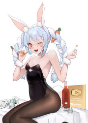 Rule 34 | 1girl, :3, absurdres, alcohol, animal ear fluff, animal ears, ass, blue nails, bottle, braid, breasts, brown pantyhose, carrot, cleavage, cup, drinking glass, elnovaline, eyelashes, fishnet pantyhose, fishnets, flower, fur bracelet, heart, highres, hololive, huge filesize, legs, leotard, liquor, long hair, looking at viewer, multicolored hair, nail polish, newspaper, no dress, one eye closed, open mouth, pantyhose, play button, playboy bunny, rabbit ears, rabbit girl, rabbit tail, red eyes, shot glass, simple background, sitting, smile, solo, tail, thighs, twin braids, twintails, two-tone hair, usada pekora, virtual youtuber, w arms, white background, white flower, youtube creator award