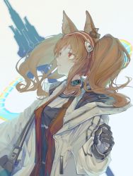 Rule 34 | 1girl, angelina (arknights), animal ears, arknights, bag, black gloves, black shirt, brown hair, chinese commentary, closed mouth, commentary request, earpiece, fox ears, gloves, grey background, hairband, highres, infection monitor (arknights), jacket, long hair, long sleeves, looking up, open clothes, open jacket, red eyes, red hairband, shirt, shoulder bag, sidelocks, simple background, solo, spawn (user scjg5872), staff, striped clothes, striped hairband, twintails, upper body, white jacket