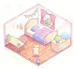 Rule 34 | :3, animal, animal bag, artist name, bag, bed, bed frame, bedroom, bird, bisquii, blanket, book, cat, cat bag, chair, chick, closed mouth, curtains, drawer, full body, hangar, isometric, lying, no humans, on stomach, original, painting (medium), pastel colors, pillow, pink theme, plant, potted plant, room, roomscape, standing, table, traditional media, trash can, watercolor (medium), window, windowsill